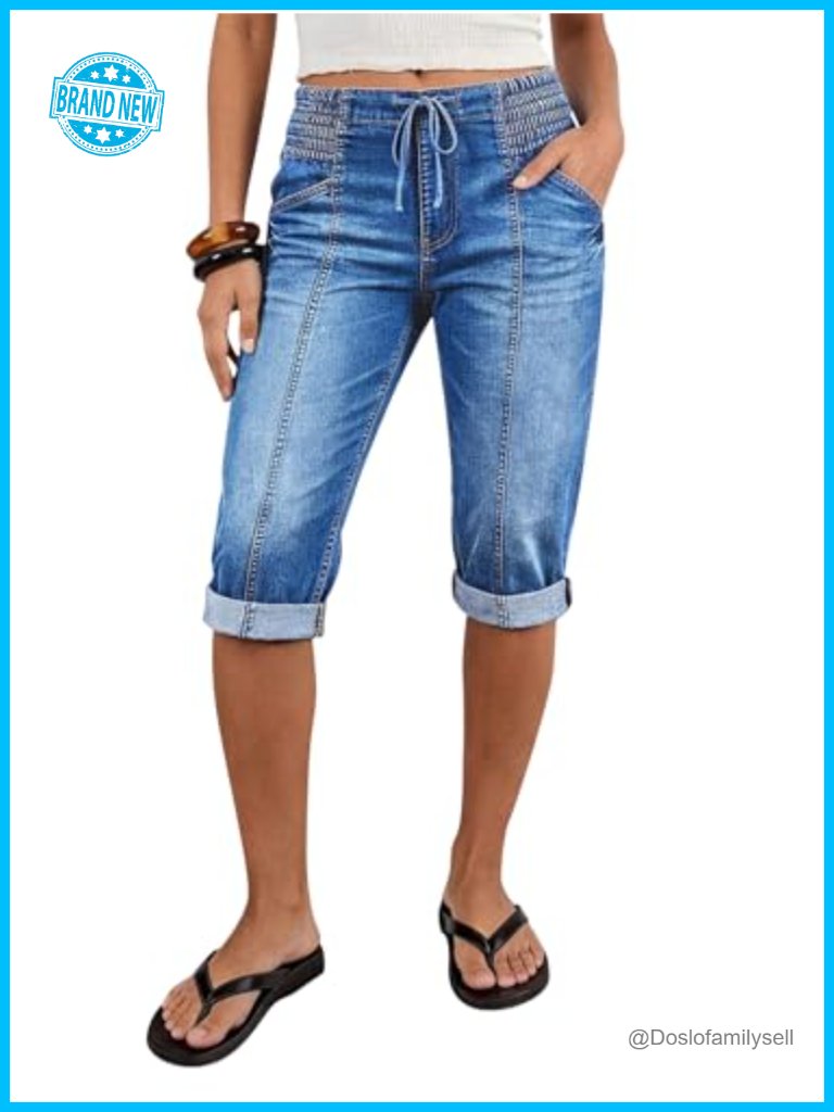 Mid Rise Skinny Capri Jeans Drawstring Roll Hem Stretchy Denim With Pockets